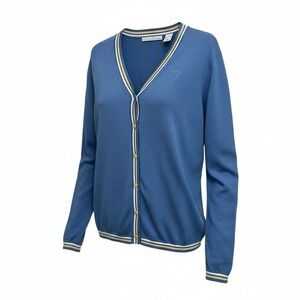 St. Aumont Golf Cardigan Women's‎ Large Light Blue Long Sleeve V-Neck Striped